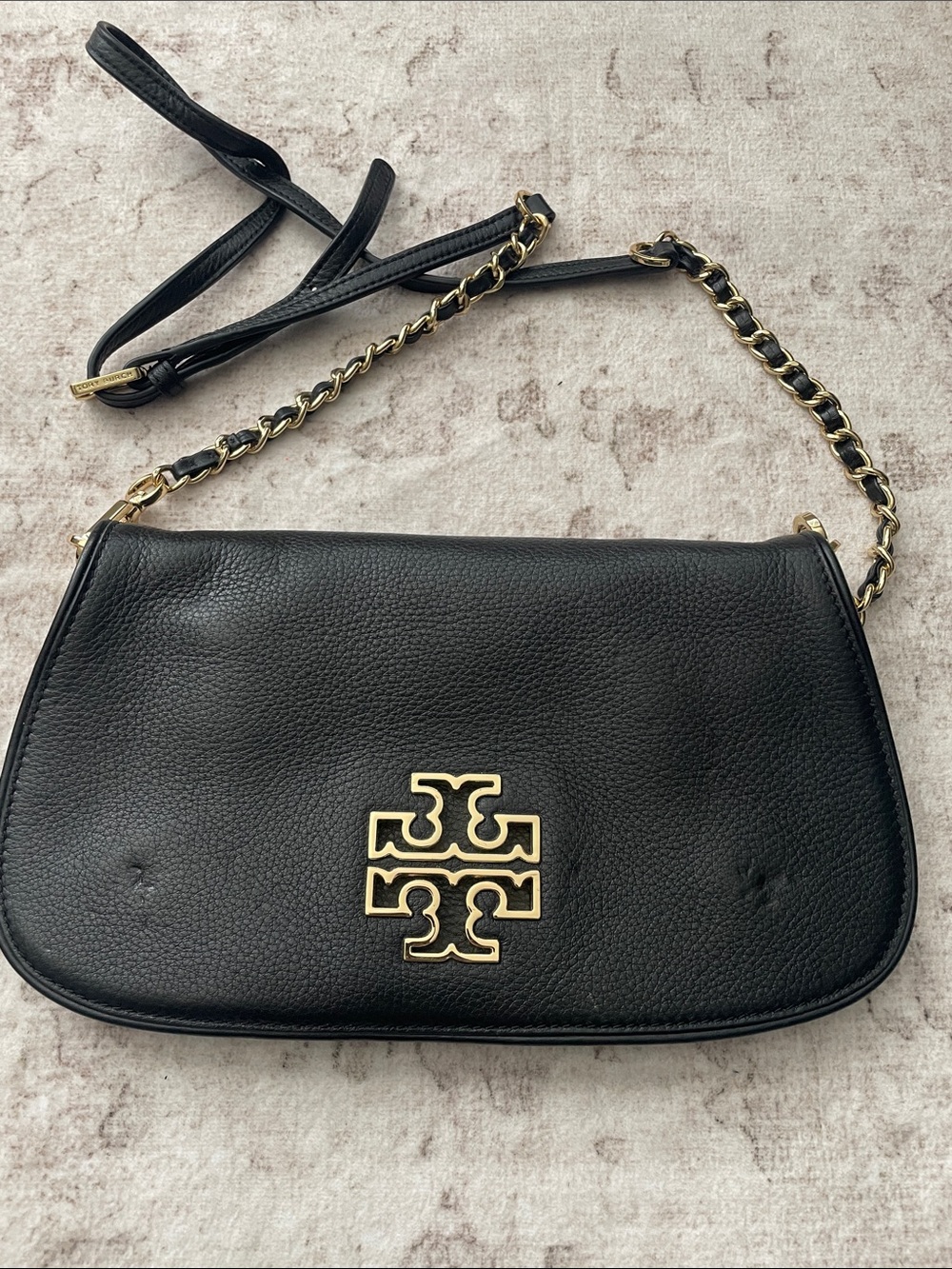 Tory Burch Black Leather Crossbody with Gold Logo Chain